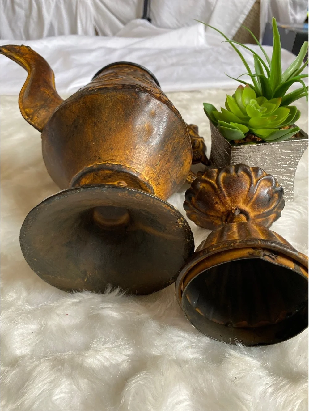 Vintage Ornate Metal Teapot Candle Holder Decorative Handle